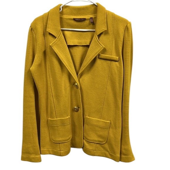 525 America Mustard Yellow Knit 2 Button Blazer Jacket with Pockets Womens Large - Picture 3 of 15